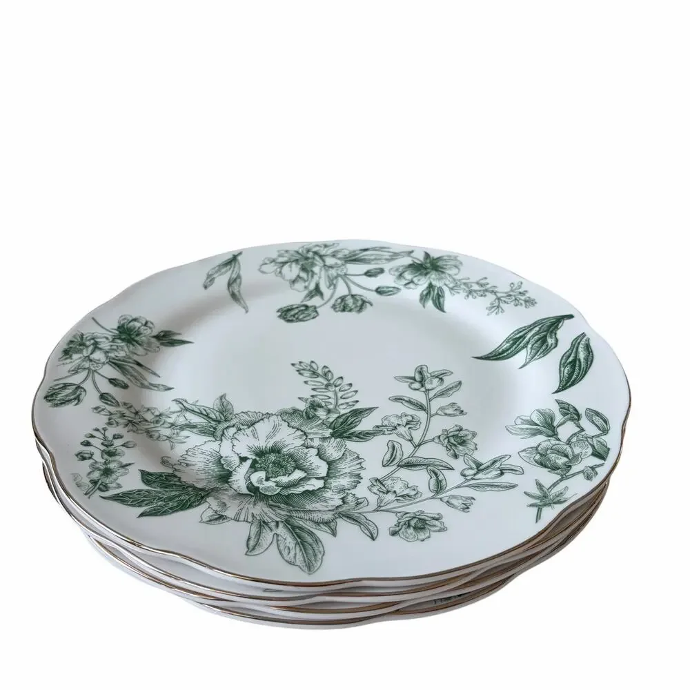 Medici Green Floral Toile Dinner Plates 10.5in Set of 4 Scalloped Porcelain New